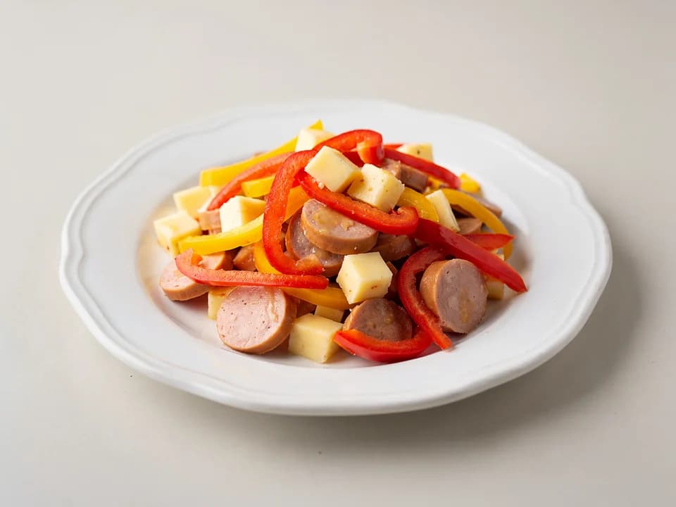 Сытный салат с сосисками и сыром