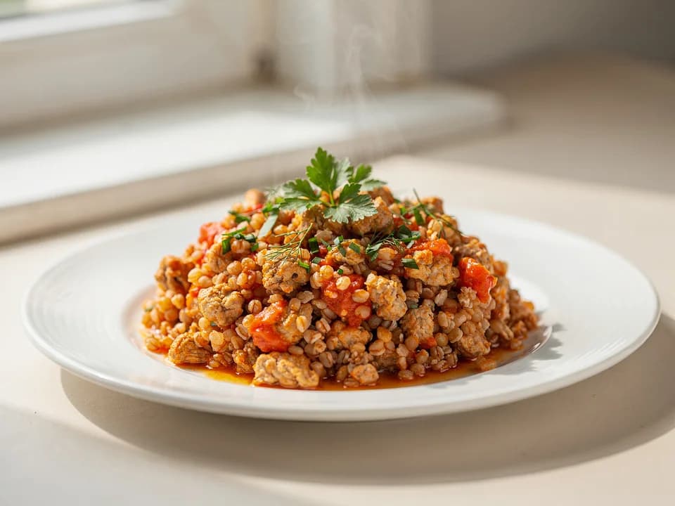 Гречка с куриным фаршем и томатной пастой