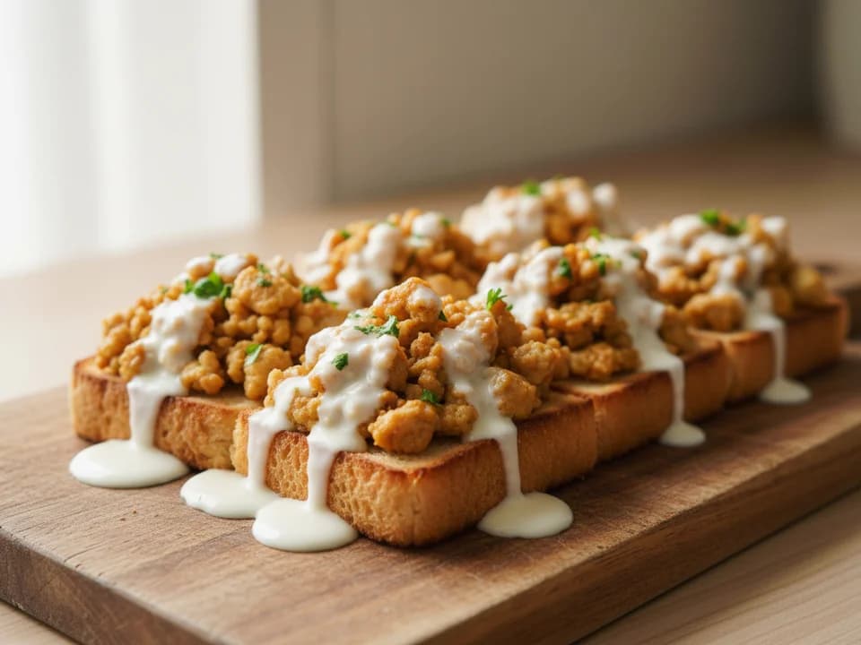 Хлебные тосты с куриным фаршем и молочным соусом