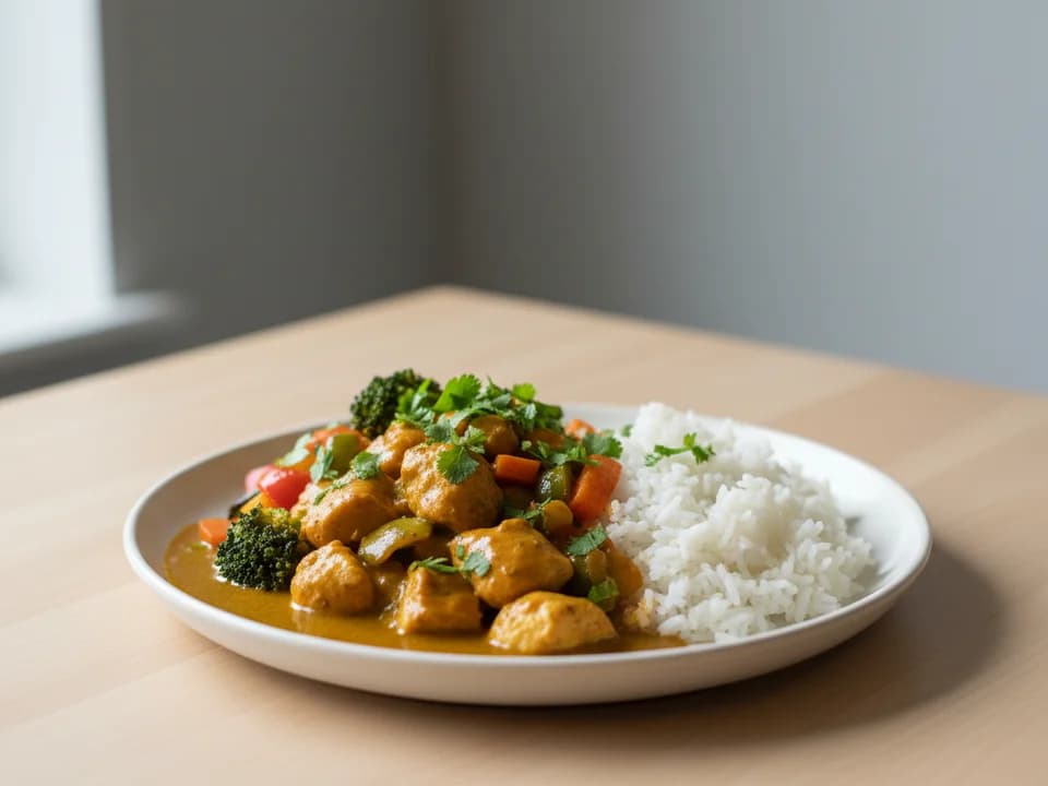 Куриное филе с овощами и рисом в карри соусе