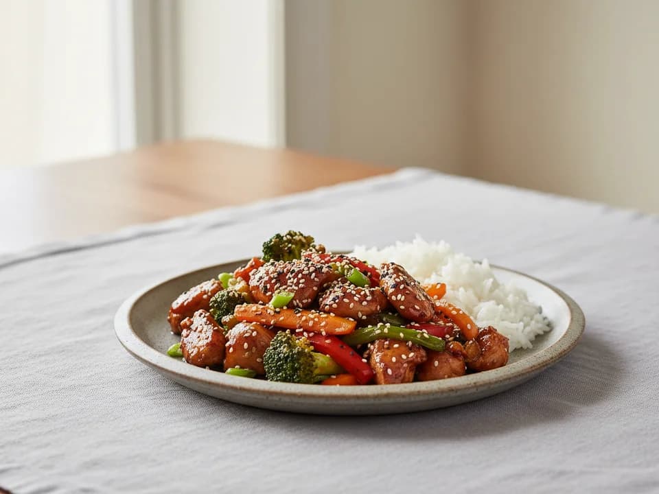 Куриное филе в соевом соусе с овощами и кунжутом