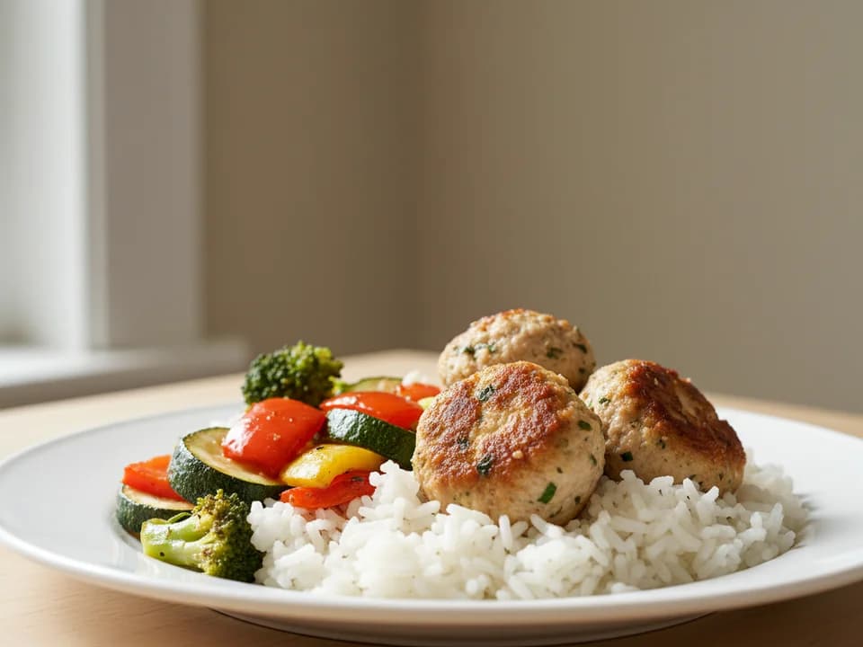 Куриные фрикадельки с рисом и овощами