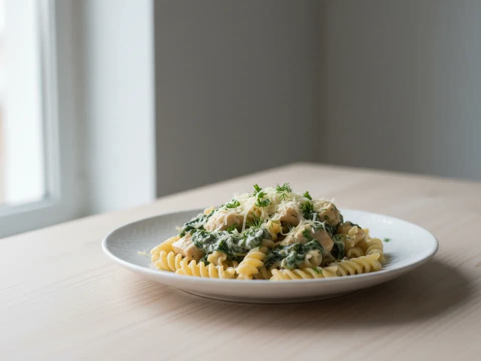 Курица в соусе из сыра и шпината с макаронами
