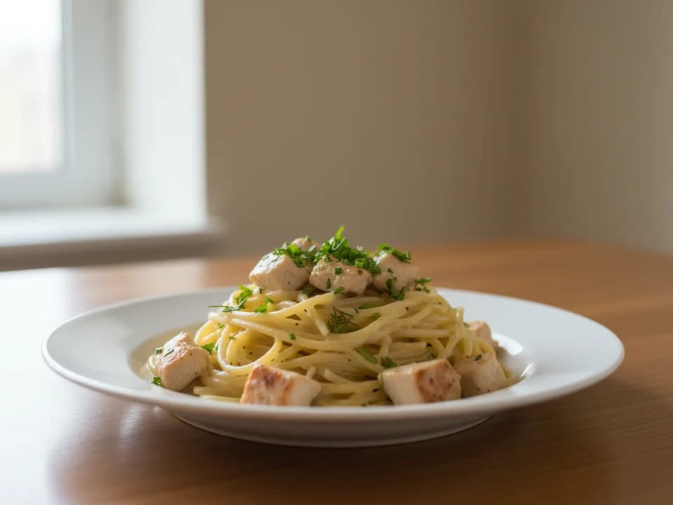 Спагетти с курицей и сливочным соусом