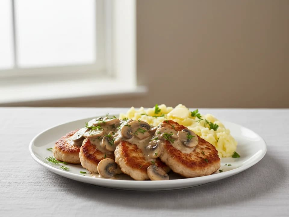 Свиные отбивные с грибным соусом и картофельным пюре
