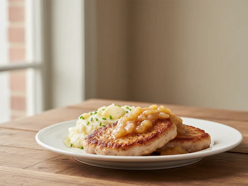 Свиные отбивные с яблочным соусом и картофельным пюре