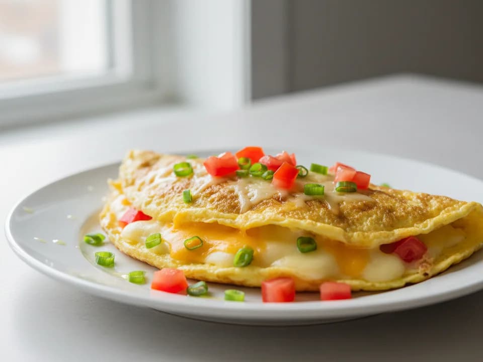 Сырный омлет с зелёным луком и помидорами