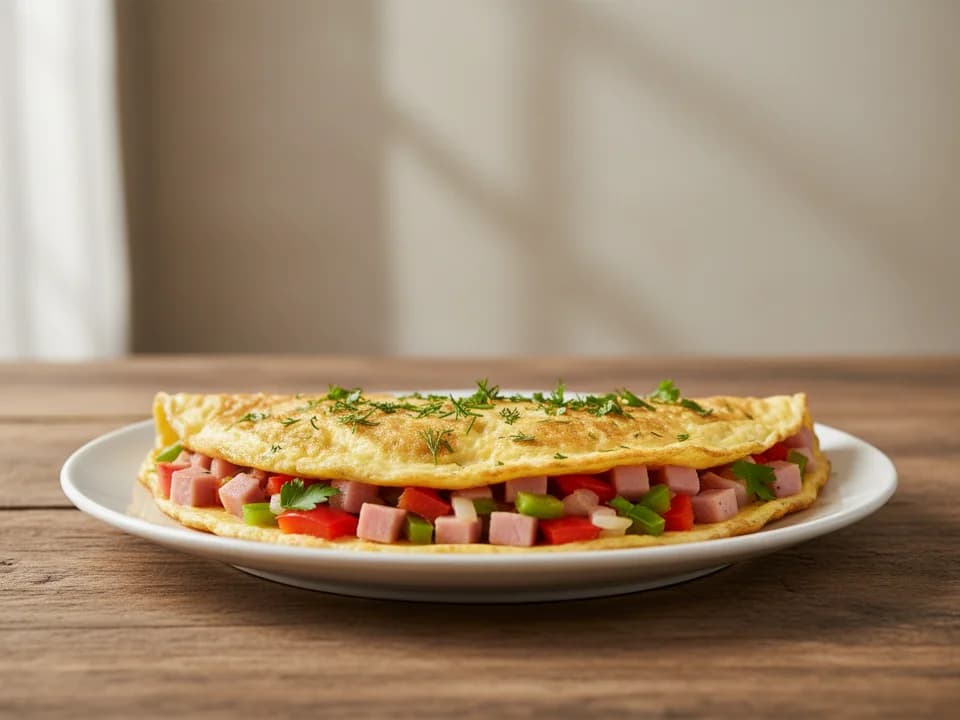 Сытный омлет с овощами и ветчиной