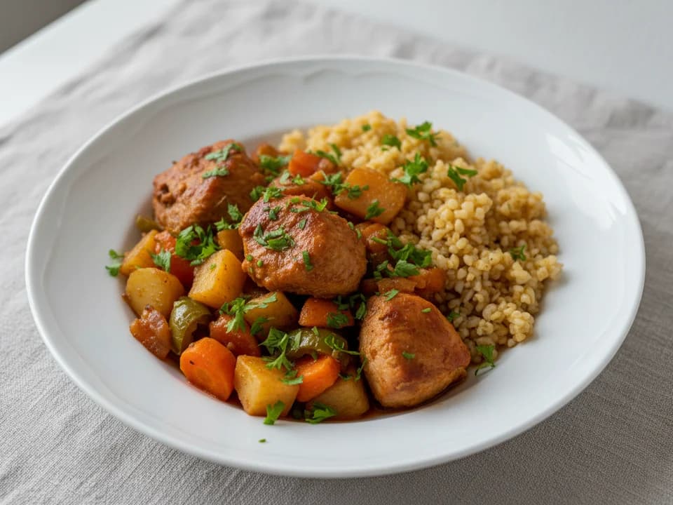 Тушёная индейка с овощами и булгуром