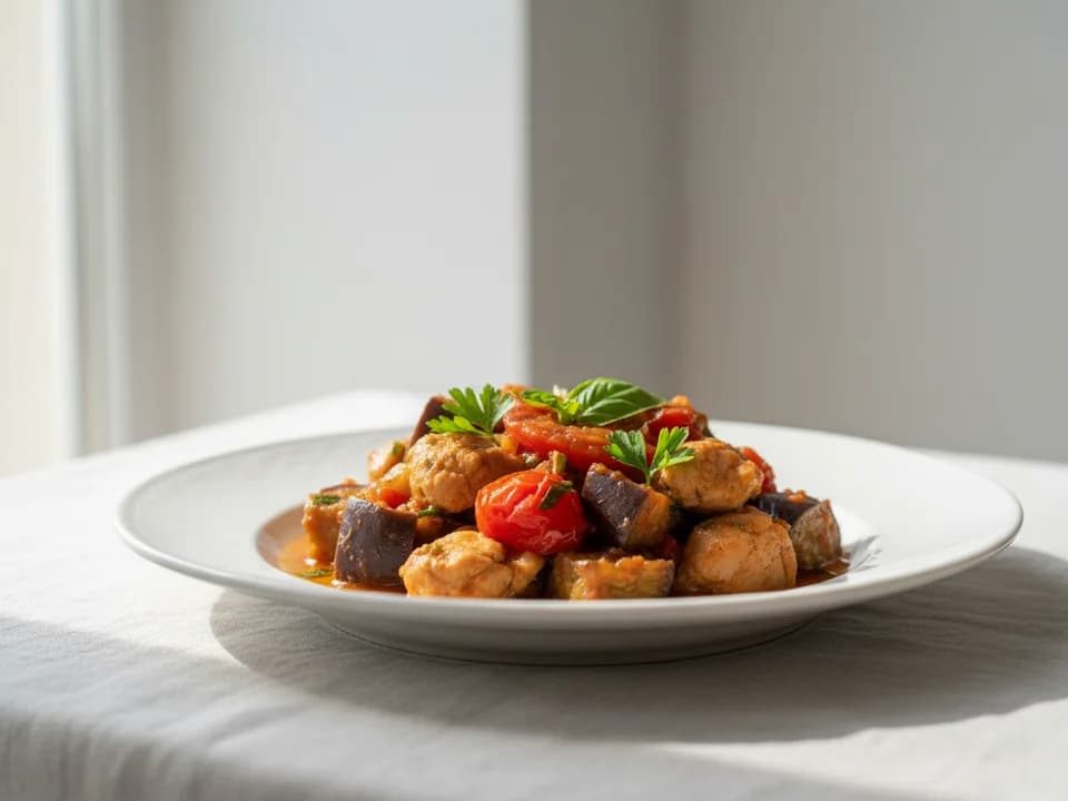 Тушёная курица с баклажанами и помидорами
