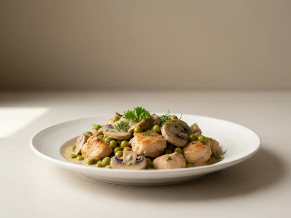 Тушёная курица с грибами и зелёным горошком
