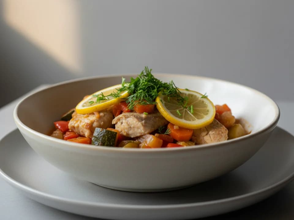 Тушёная рыба с овощами и лимоном