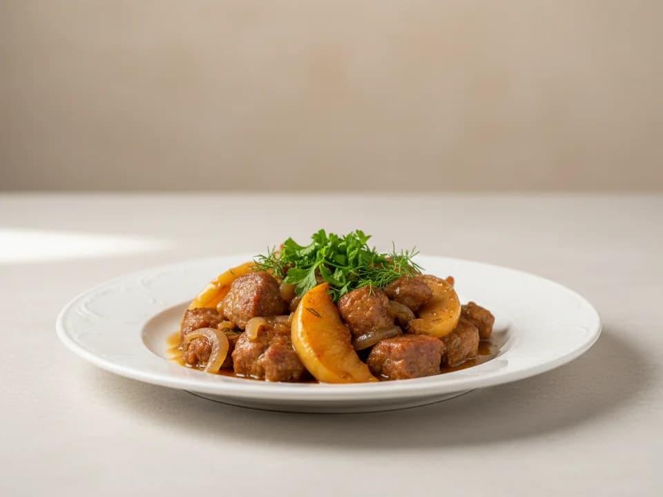 Тушёная свинина с яблоками и луком