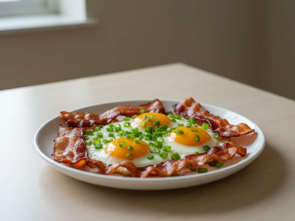 Яичница с беконом и зелёным луком
