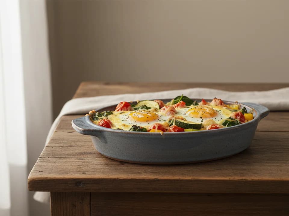 Запечённые яйца с овощами и сыром